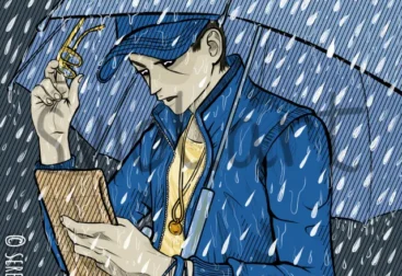 man with umbrella looking at a map, it rains a lot