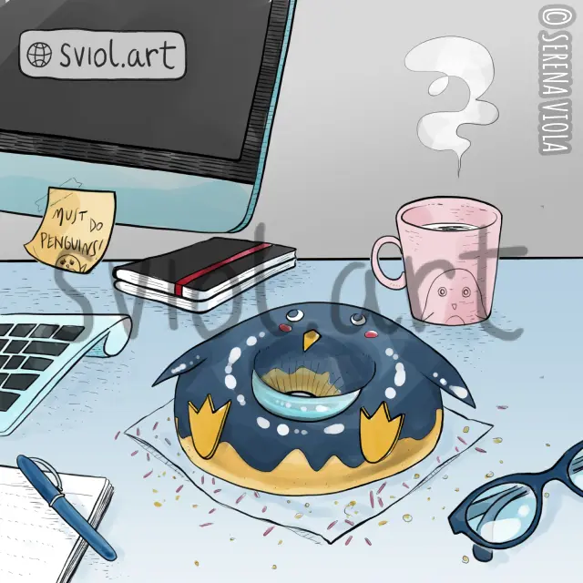 on a desk, donut in the shape of a penguin