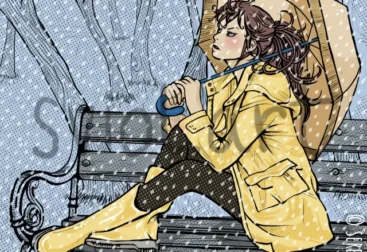 woman sitting on a bench looking up, holding an umbrella, it's raining
