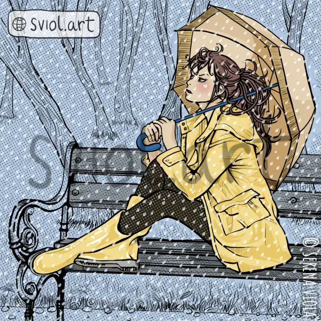 woman sitting on a bench looking up, holding an umbrella, it's raining
